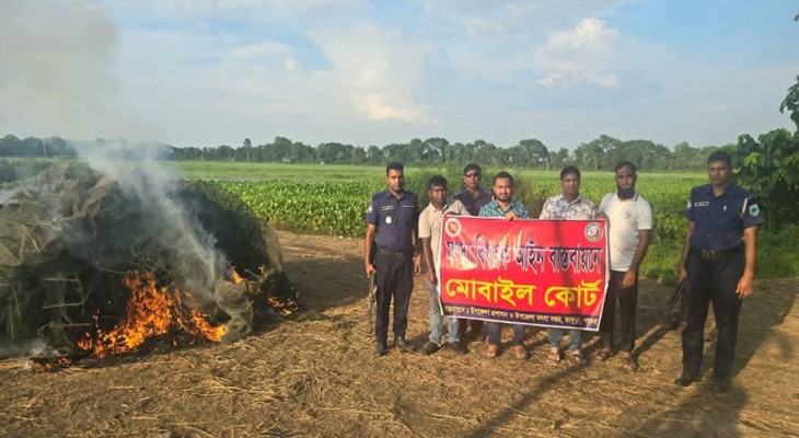 পাবনার ভাঙ্গুড়ায় চায়না দুয়ারী জাল আগুনে পুড়িয়ে ধ্বংস